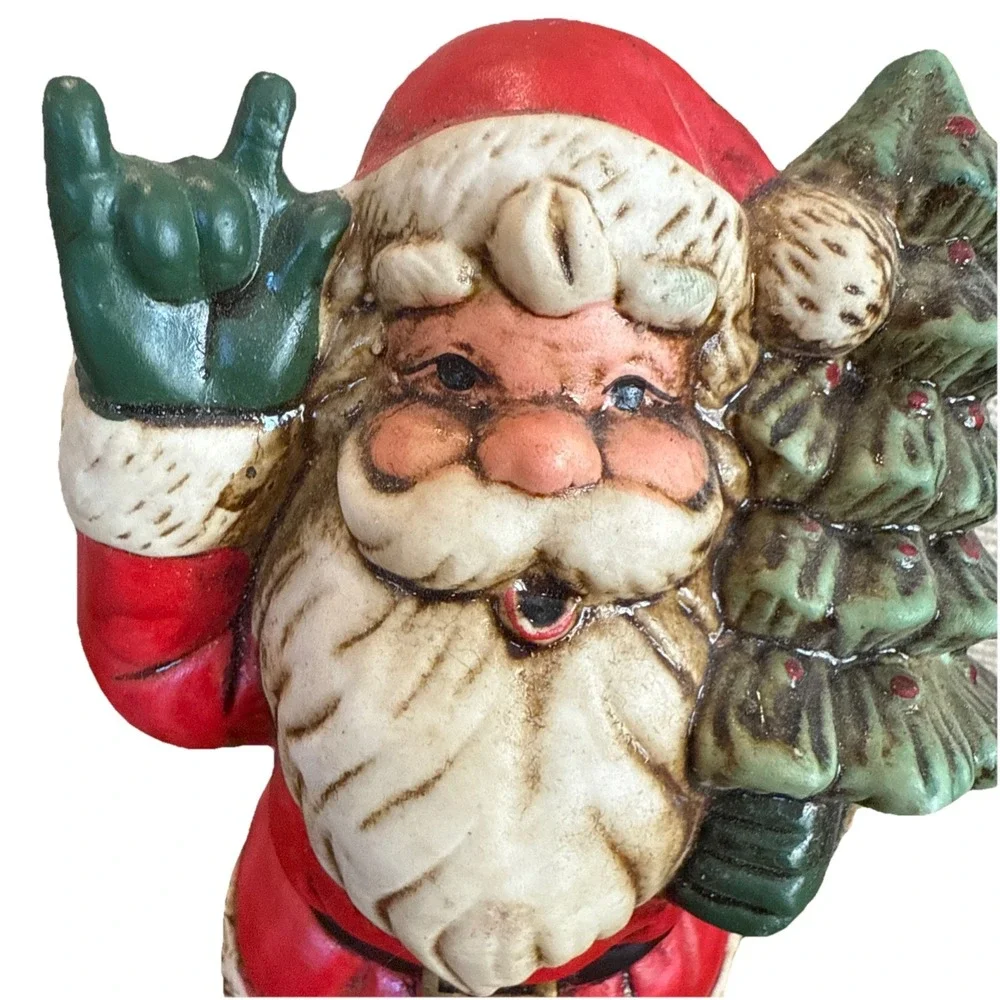 Vintage Santa Claus holding Christmas tree and saying hello Ceramic Figurine 6